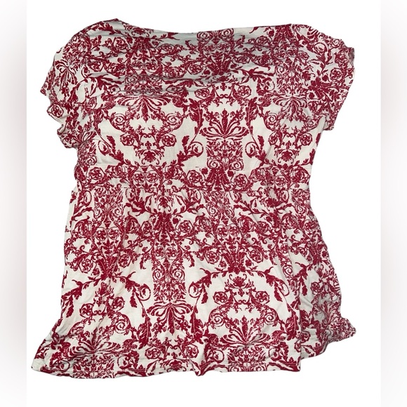 Style & Co Soft Empire Waist V-Neck Red & White Toile Short Sleeved Top, Size L - Picture 2 of 8